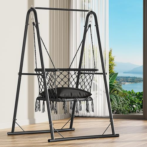 YITAHOME Hanging Chair with Stand, 105x93x160cm Hammock Swing Chair with Cushion, Heavy-Duty Steel Hammock Stand with 100kg Capacity for Living Room, Bedroom, Courtyard, Backyard and Garden, Gray