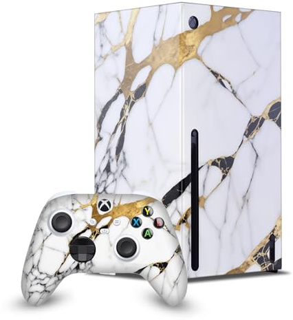 Head Case Designs White, Gold, and Black Marble Game Console Wrap and Game Controller Skin Bundle Compatible With Xbox Series X