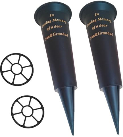 Set of 2 Black In Loving Memory Nan & Grandad Spiked Memorial Grave Flower Vases Graveside Memorial with flower holder inserts