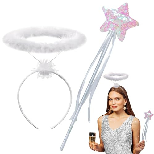 ROSAUI Heiligenschein weiß und Zauberstab, Engels Kostüm Accessoire für Damen, Engelskostüm Haarschmuck Accessoire für Halloween, Weihnachten, Karneval & Fasching, Halloween Horn Headband