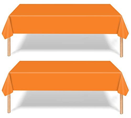 RONGZUBAT Orange Plastic Tablecloths 2 Pack, 137 x 274 cm Disposable PE Rectangle Table Covers, Waterproof Wipeable Party Table Cloths for Birthday Halloween BBQ Picnic
