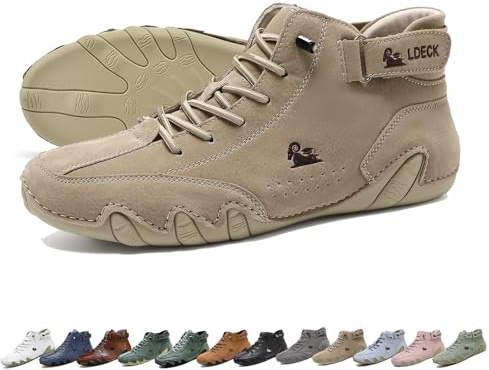 Unisex handgjorda höga stövlar i mjukt läder, Beck-skor Vattentäta, halkfria lätta Chukka-stövlar som andas Casual Sneakers for körning och vandring barfotaskor(Color:Khaki,Size:38 EU)