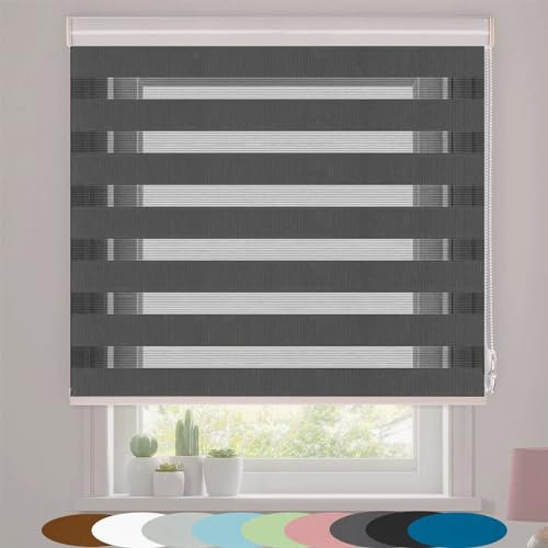 Tag Nacht Rollo 70 x 260 cm Sonnenschutz Blickdicht Sonnenschutzrollo Zebrarollo Seitenzugrollo Bequeme Montage für Fenster & Balkontür, Dunkelgrau