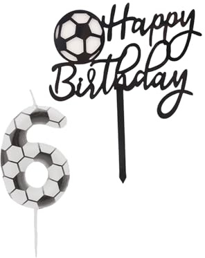 Bolosa Zahlenkerze 6 im Fußball-Design für Geburtstagstorten | Schwarz-weiße Zahlen 6 Kerze mit Fußballmotiv und Tortendeko, für den 6. Geburtstag und Fußballpartys