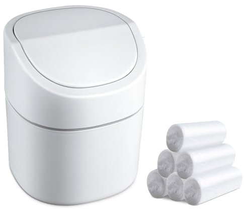 Ronyes Mini Desktop Trash Can with Swing Lid with Trash Bag 180 Pcs, 2 Litres Swing-Top Small Countertop Garbage Bin Tiny Table Top Plastic Covered Waste Basket Can (White)
