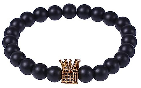 Tolldek 8mm Naturstein Armband, Krone Anhänger Damen & Herren Armbänder, Echten Natursteinen Partnerarmband für Ihn & Sie, 19CM, Schwarz