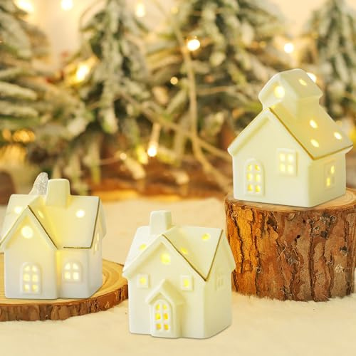 Xevinas 3Stk Weihnachtsdeko Weihnachtshaus Beleuchtet, Porzellan Häuser Weiß Keramik Deko Mit Batterie LED Leuchten, Wichtelhaus Mit Licht Weihnachtsdorf Stark Und Stabil Weihnachtsdeko Innen (A)
