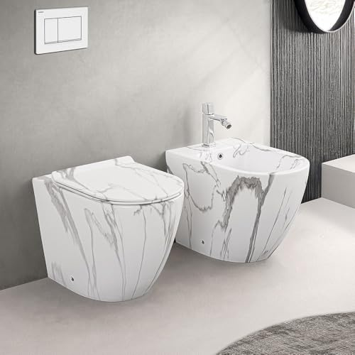 Set Sanitari Filomuro Rimless In Ceramica Con Effetto Marmorizzato Bianco Linea Tokyo, L 36 x P 56 x H 41 Cm, Completo Di Sedile Soft-Close