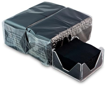 Pack de 300 Servilletas Cocktail de Papel Negras + Servilletero de Mesa de Metacrilato Transparente - Textura micropunto - Más Gruesas y Absorbentes - 10 x 10 cm Plegadas - Hostelnovo