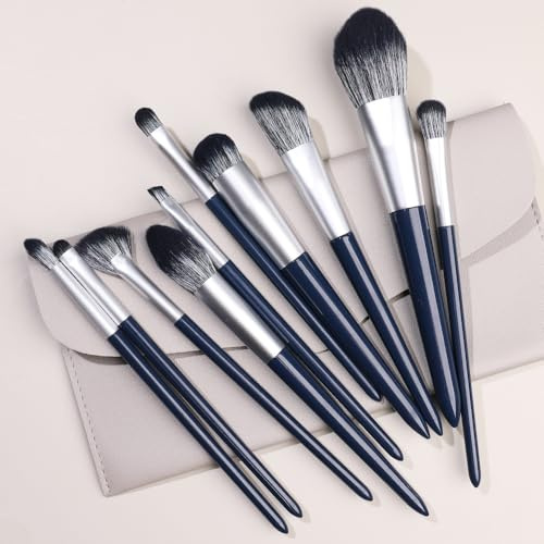 Nvzi Makeupborstset 10 st premium syntetiska foundation pulver concealers ögonskuggor rouge nvay blå sminkborstar med grå förvaringsväska