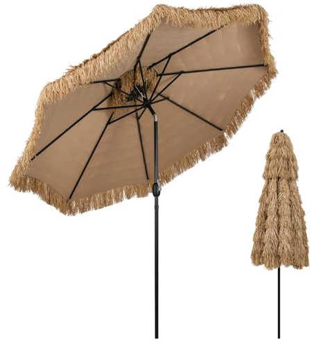 COSTWAY Ombrellone da Spiaggia 300 cm, Ombrellone Hawaiano in Paglia PE con 8 Stecche, Manovella Manuale, Inclinazione Regolabile, per Spiaggia, Patio (300 cm/0 Luci)