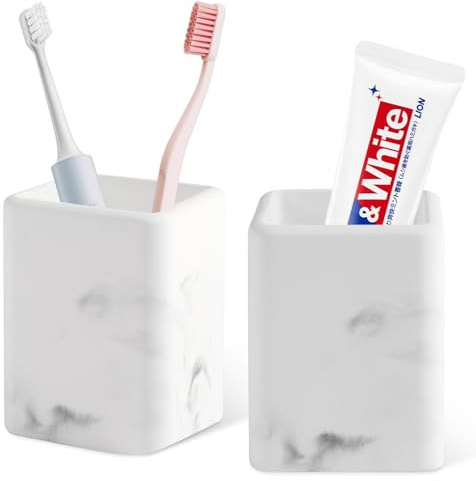 Tahbarshi 2 Pack Toothbrush Holder, Fast Drying Toothbrush Holders for Bathroom, Diatomite Toothbrush Cup Electric Toothbrush and Toothbrush Holders for Bathroom Countertop（White Marble）