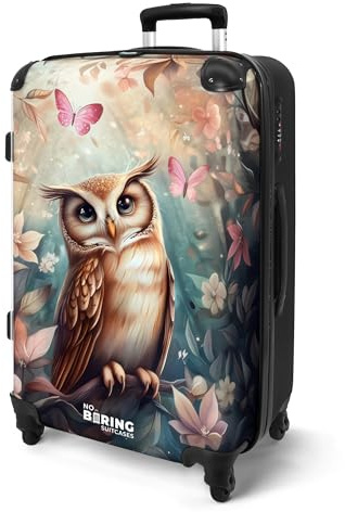 NoBoringSuitcases© Koffer Kinder Groß Kinderreisekoffer Kinderkoffer mit | 67x43x25 cm - Roller Leicht Trolly Große M Hartschalenkoffer Kind Eule - Schmetterlinge - Wald