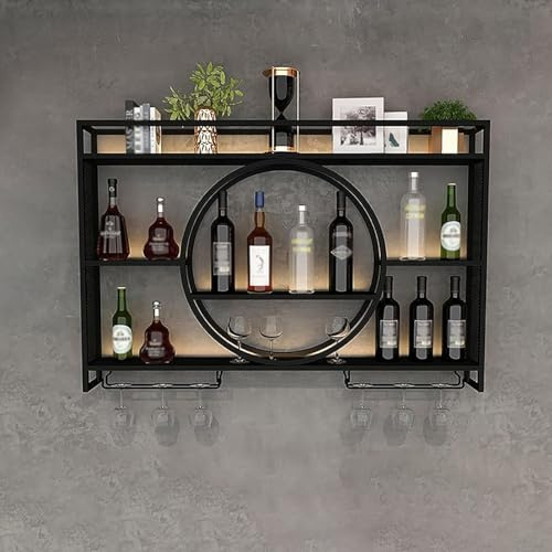 HFERTSCN Wandmontierte Weinregal, Metallweinregal, schwimmende Flaschenflächenregale, Weinglashalter, hängendes Rotweinregal, Wandwein -Darstellungsregale, Eisenlackregal für Heimruhe, Schwarz, 47,2