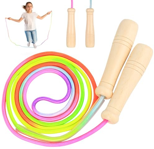 Springseil Kinder,250cm Verstellbare Seilspringen Kinder,Jumping Ropes Jump Rope Kinders,Skipping Rope Kids mit Holzgriff,Springseile Sprungseil Skipping Seil für Jungen Mädchen 5 6 7 8 9 10 Jahre
