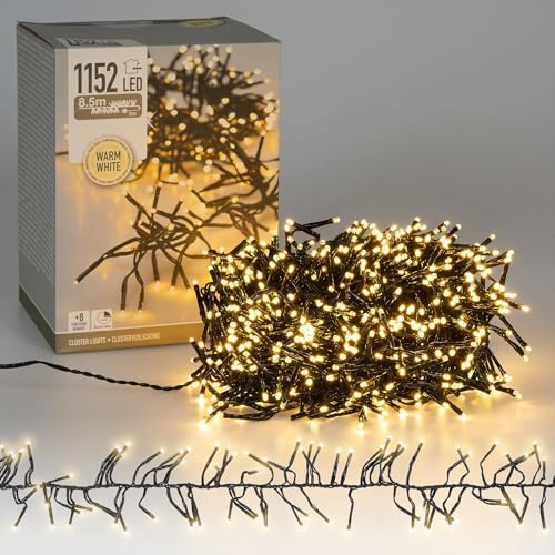 ECD Germany Catena Luminosa Grappolo 8,5m 1152 LED Bianco Caldo con Timer e 8 Modalità di Illuminazione Alimentazione a Rete IP44 Luci Cluster per Albero Natale Interno Esterno Lucine Decorative Patio