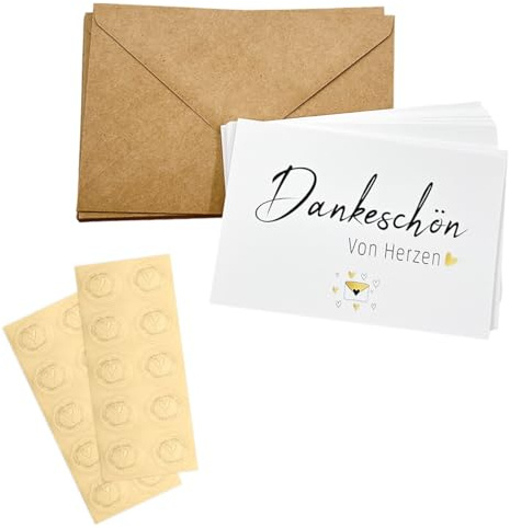 mkemka Danke Karte Set 20 Stück Dankeskarten mit 20 Kraftpapier Briefumschläge und 20 Gold Siegel Aufkleber Dankeskarten für Geburtstag Hochzeit Gäste