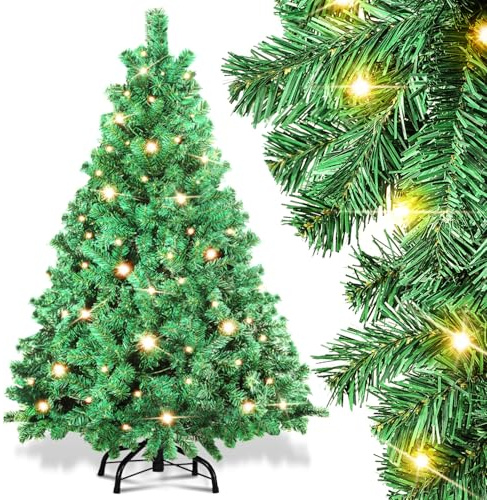 Peviasot Künstlicher Weihnachtsbaum mit Beleuchtung, 120cm Automatischer Tannenbaum 340 Spitzen inkl.Metallständer, 150 Warmweißen Leuchten für Weihnachten Dekoration, Grün