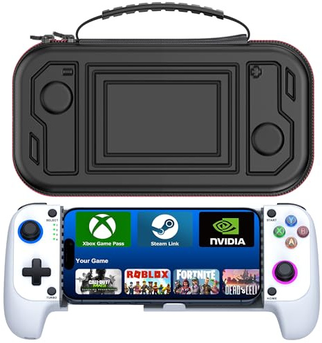 Smartphone Controller & Case, Bluetooth iOS / Android, Game Controller, Extendable, Compatible with Xbox Cloud/Steam Link/GeForce Now Games, Low Latency, 600 mAh Battery, RGB Light, White