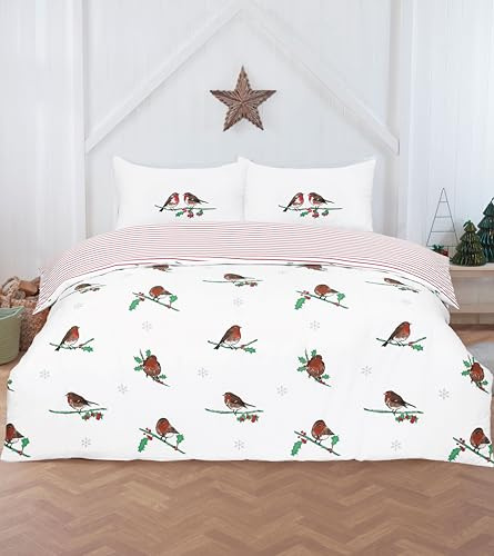 Rapport Home Robin on Holly Christmas Duvet Cover Set Double Size | Reversible Festive with Candy Cane Stripe | Two Matching Pillowcases | Soft Microfibre