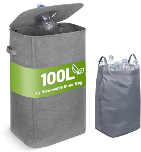 Minicoco Deposit Bottle Bins with Lid, 100L Recycling Bottle Collector with Removable Carrying Bag, Separate Storage Empty Bottle Collection for Kitchen Home (Grey)