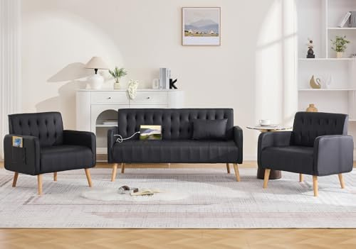 CHYMSUN Black Leather Loveseat and Accent Chair Set of 2, Tufted Mini Sofa Couch w/USB Charging & Pockets, Mid-Century Modern Office Love Seat and Chair Set, 3 Pieces Living Room Furniture Set