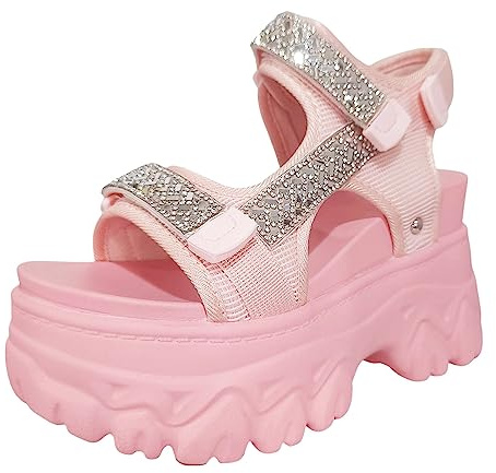 Cocila Sandali Bassi Cinturino Estivo Da Donna Con In Strass Solido Casual Punta Tacchi Quadrati Comode Scarpe Spiaggia Sandali Donna Estive Eleganti Pianta Larga Corda Bianchi Fucsia Plateau