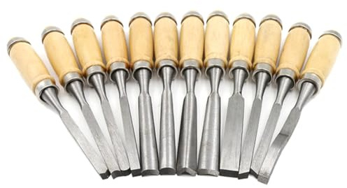 ibasenice Set di 12 Scalpelli da Falegname Manico in Legno e Metallo, Strumenti Professionali per Intaglio Legno Custodia Portatile, per Botteghe di Intaglio