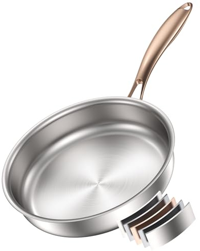 Akaice Edelstahlpfanne 26cm, 18/10 Edelstahl Bratpfanne unbeschichtet mit Roségoldgriff ohne PTFE, PFOA, 5-Ply Titan Pfanne Für Gas, Elektro Induktion, Keramik Herd, Backofen, Geschirrspüler