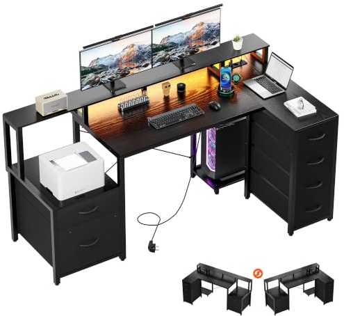 YOUDENOVA Schreibtisch L Form mit Schubladen, 150x80cm Eckschreibtisch mit LED & Steckdose & USB, Reversibel Gaming Tisch mit Monitorständer, Stauraum, Computertisch für Homeoffice & Gaming, Schwarz