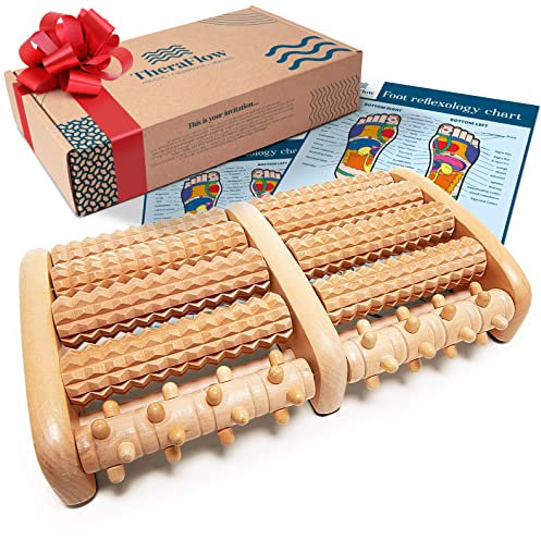 TheraFlow Fußmassagerolle fur Plantarfasziitis Holz inkl. Fußreflexzonenkarte - Fußmassagegerät, Fußmassage Fersensporn Massagegerät für Füße, Fußreflexzonenmas und Fußschmerzlinderung
