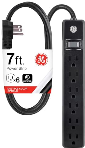 GE 6-Outlet Power Strip, 7 Ft Power Cord, Flat Plug, 3 Prong Outlet, UL Listed, Black