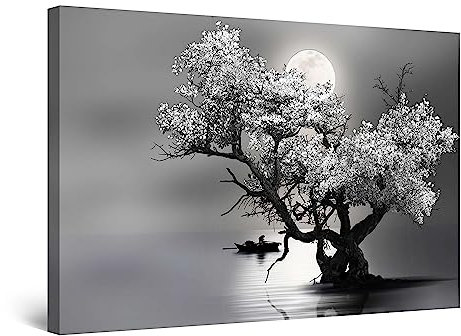 Startonight Impression sur Toile Fleur Arbre et Lune, Art Encadré Imprimée Tableau Motif Moderne Décoration Tendu sur Chassis Prêt à Accrocher 60 x 90 cm Idée Cadeau Élégante et Originale