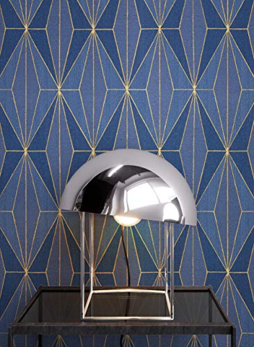 NEWROOM Tapete Blau Vlies Geometrisch - Modern Grafisch Art Deco Muster Gold für Wohnzimmer Schlafzimmer