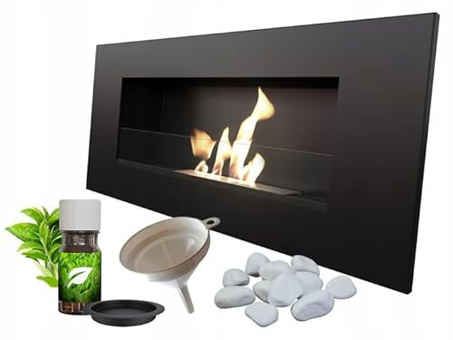 KRATKI Delta 2 Caminetto a bioetanolo + ciottoli + imbuto + set per aromaterapia | Installazione a parete o ad incasso l Vetratura, Biocontenitore 0,5 l, TÜV | Acciaio, 40 x 90 cm, nero