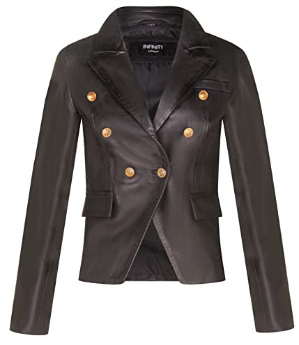 Infinity Leather Chaqueta Militar Negra de Cuero Auténtico Para Mujer