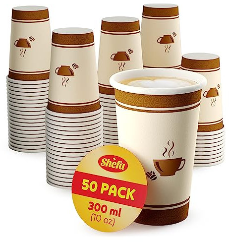 Shefa 10oz, 50 Paper Cups - Heat-Resistant, BPA-Free Coffee Cups for Hot and Cold Drinks - Takeaway for Coffee Shops