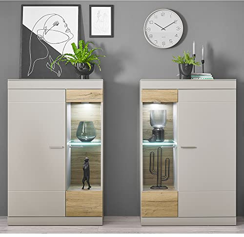 Lomadox Wohnzimmer Vitrinen 2er Set in grau matt Eiche modern mit Beleuchtung, B/H/T ca. 200/139/35cm