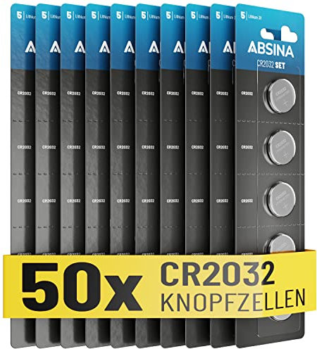 ABSINA Knopfzellen CR2032 3V 50er Pack - Batterien CR2032 auslaufsicher & mit Langer Haltbarkeit - CR 2032, CR 2032 Lithium Batterien, CR 2032 3V Knopfzellen - Knopfzelle für Autoschlüssen UVM