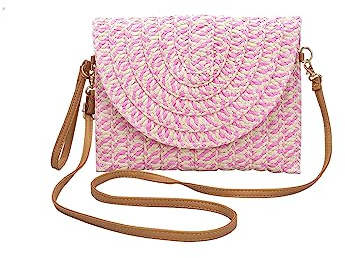 CORIOS Damen Gewebte Tasche Sommer Strandtaschen Handgefertigte Strohtasche Böhmische Tote Beutel Frauen Handtasche Handgewebt Basttasche Retro Schultertasche für Reise Urlaub Strand Rosa