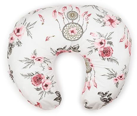 Flumi Stillkissen Klein Stillkissenbezug aus Baumwolle Nackenhörnchen zum Stillen mit abnehmbarem Baumwollbezug Baby Kissen für bequemes Stillen & Füttern (weiß mit rosa Blumen)