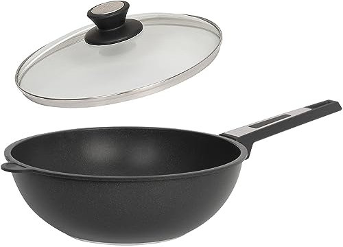 SKK großer 2-tlg. Wok Ø 28 cm mit Stiel - ohne Induktion - Guss Antihaft Stielwok mit glattem Boden & Glasdeckel mit Edelstahlrand - Made in Germany