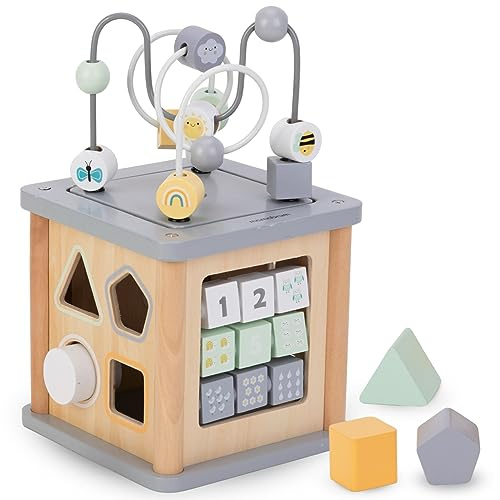 mamabrum, Cubo Educativo in Legno - Anello Motorizzato per Riconoscere Colori, Forme e Animali, Sviluppo della Destrezza per Bambini