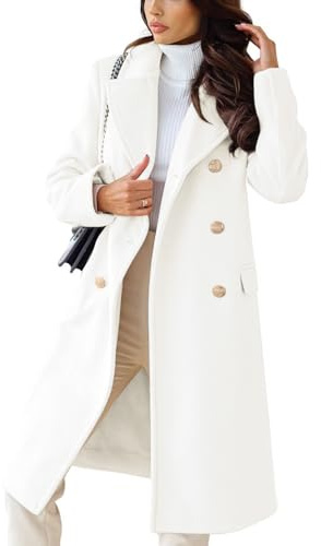 CHARTOU Women's Winter Jacket Double-Breasted Wool Blend Warm Long Trench Coat, White, Medium