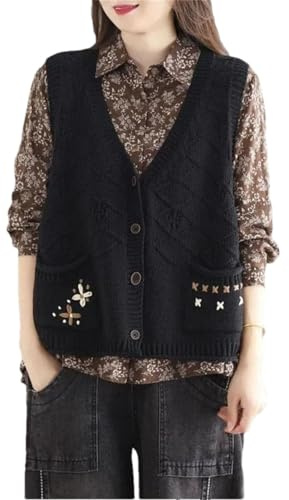 Chaleco de Punto para Mujer Cárdigan de Punto Sin Mangas Top Chaleco Retro de Moda Suéter de Punto Hecho a Mano Ropa para Mujer Negro