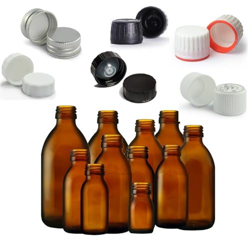Fam Organic Reusable Refillable BPA Free Medical Medicine Amber Glass Bottles Lids/Caps (Black Poly Cone cap, 4x 300ml)