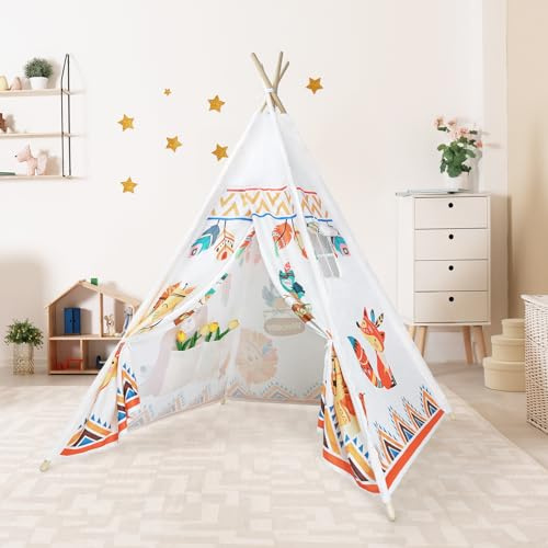 decalsweet Tipi Zelt für Kinder mit Kieferpfahl & Holz Stabilisierung & Niedliche Muster, Kinderzelt für Drinnen und Draussen, Zelt Kinderzimmer Spielzelt für Mädchen Jungen Dschungel-Tiere Beige