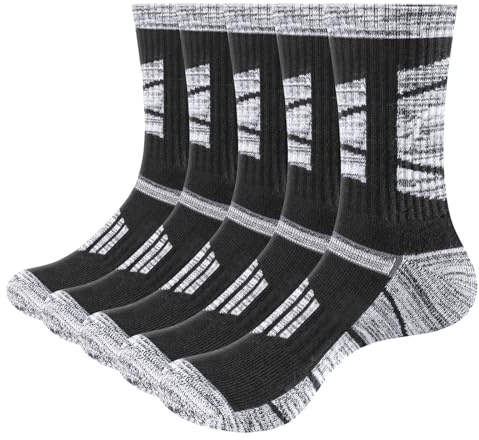 YUEVO SPORTS Mens Socks Breathable Anti-Odor Work Socks For Men, Wicking Cushioned Walking Sports Sock Padded Safety Boot Sock, 5 Pairs