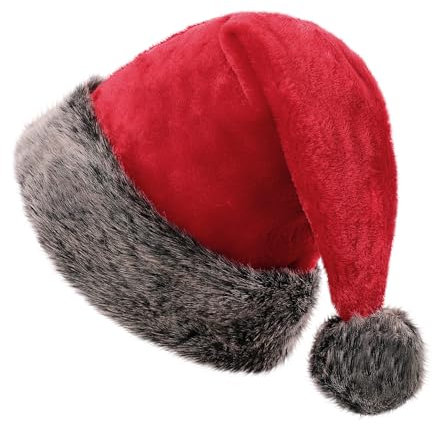 KONVINIT Weihnachtsmütze Erwachsene Nikolausmütze Weihnachtsmann Mütze Plüsche Santa Claus Mütze Warm and Dicker Santa Mütze für Weihnachtsfeier,rot und grau