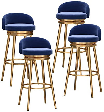Set mit 4 modernen Samt-Barhockern mit niedriger Rückenlehne, gepolsterte Küchenthekenstühle mit goldfarbenen Metallbeinen, bequemer, hoher blauer Barstuhl